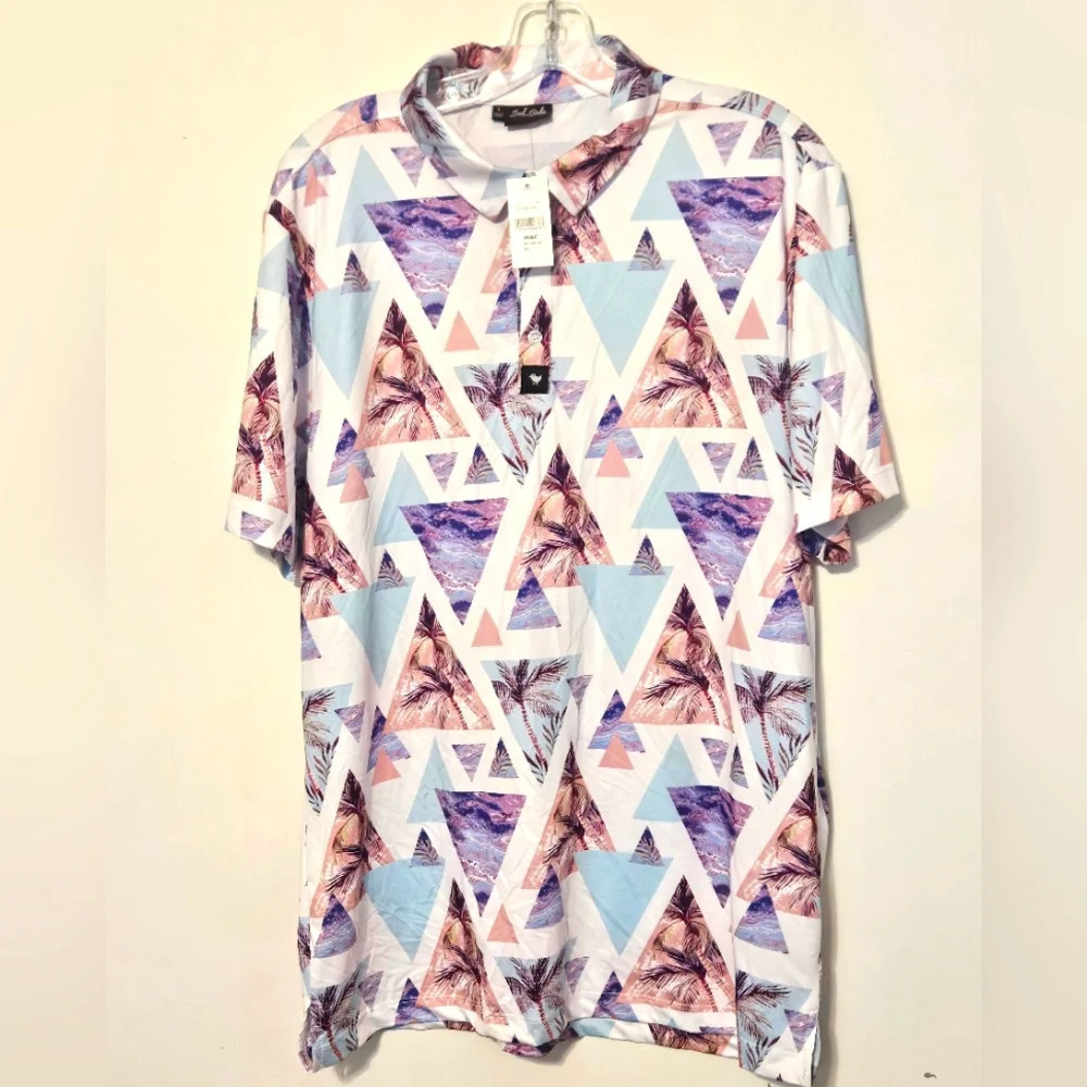 Bad Birdie Mens L PurpleGeometric Hawaiian Print ShortSleeve Golf Polo Shirt - Picture 3 of 11